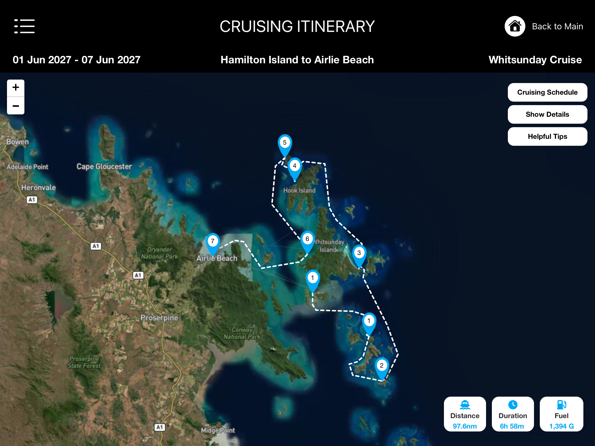 The charter guests view of the cruising map on the Charter Guest App.